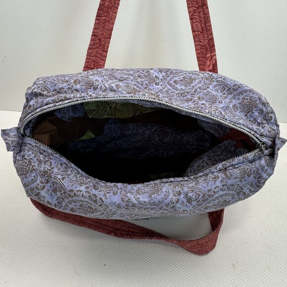 Handcrafted Multi-Color Quilted Fabric Tote Bag Zipper Closure Button Pockets - Picture 8 of 16